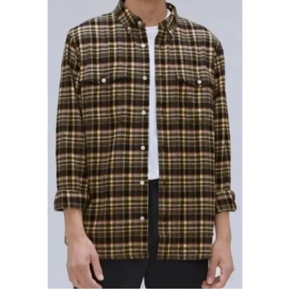 New Men’s Everlane Brushed Flannel Shirt Beech Plaid Button Down Size Medium Top